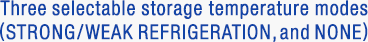 Three selectable storage temperature modes (STRONG/WEAK REFRIGERATION, and NONE)