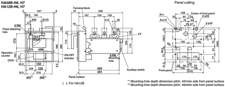 Dimensions Fixed/B type, HA08B-H6, H7, HA12B-H6, H7