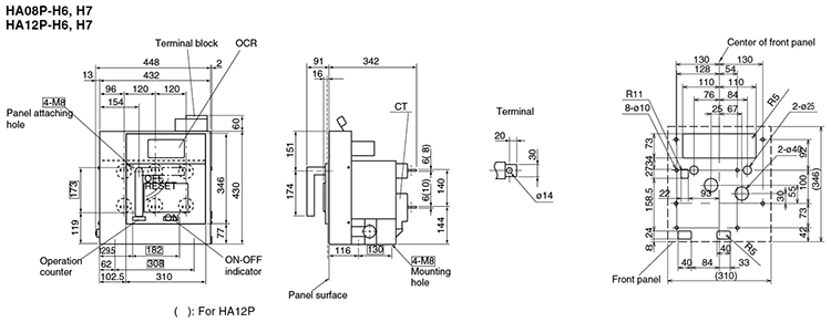 Dimensions Fixed/P type, HA08P-H6, H7, HA12P-H6, H7
