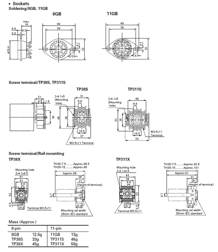 Dimensions 8GB, 11GB, TP38S, TP311S, TP38X, TP311X