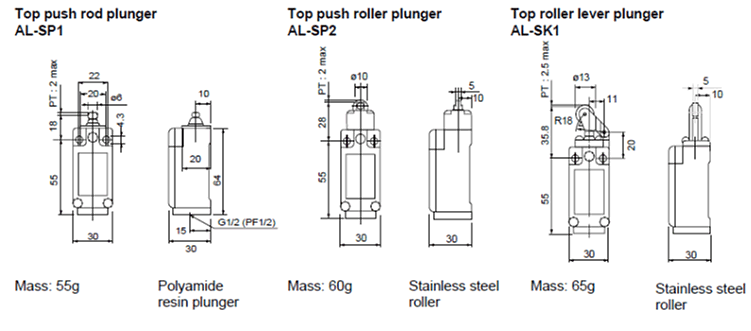 Dimensions AL-SP1, AL-SP2, AL-SK1