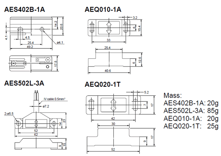 Dimensions AES402B-1A, AEQ010-1A, AES502L-3A, AEQ020-1T
