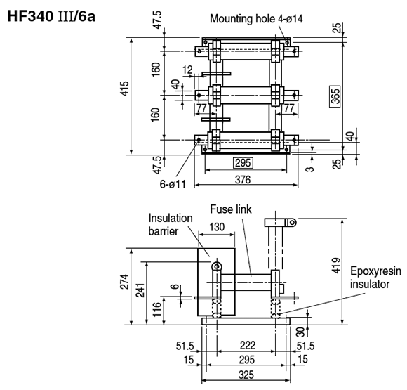 Dimensions General purpose fuses, Fuse-holder, HF340 III/6a