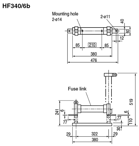 Dimensions General purpose fuses, Fuse-holder, HF340/6b