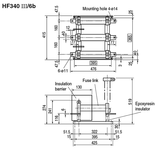 Dimensions General purpose fuses, Fuse-holder, HF340 III/6b