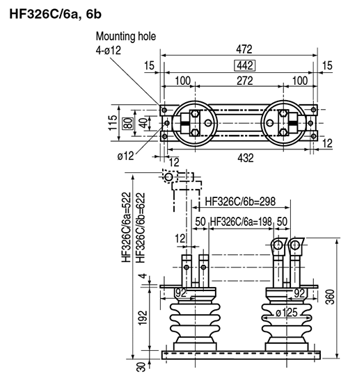 Dimensions General purpose fuses, Fuse-holder, HF326C/6a, 6b