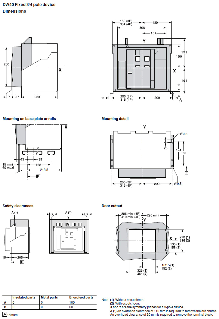 Dimensions DW40 Fixed 3/4 pole device
