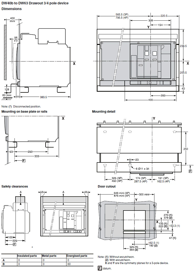 Dimensions DW40b to DW63 Drawout 3/4 pole device