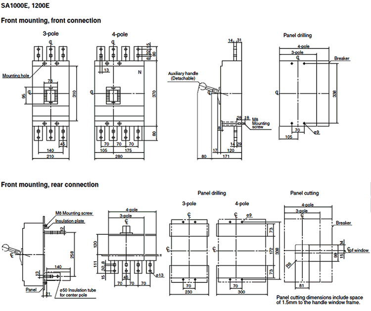 Dimensions SA1000E, SA1200E, SA1600E
