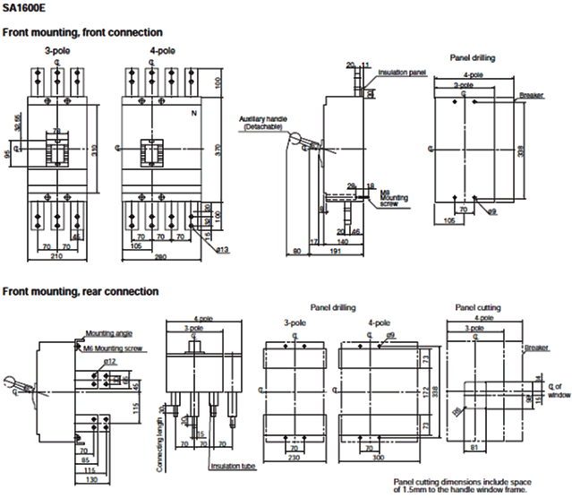 Dimensions SA1000E, SA1200E, SA1600E