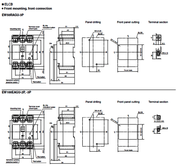 Dimensions EW50RAGU-3P, EW100EAGU-2P, -3P