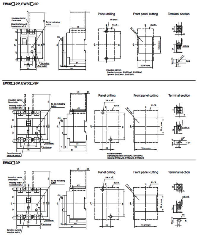 Dimensions BW32□-2P, BW50□-2P,BW32□-3P, BW50□-3P,BW63□-2P,EW32□-2P, EW50□-2P,EW32□-3P, EW50□-3P, EW63□-3P