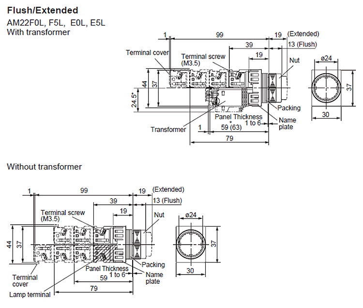 Dimensions Pushbutton switches Flush/Extended
