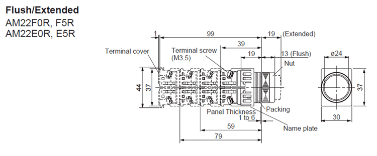 Dimensions Pushbutton switches Flush/Extended