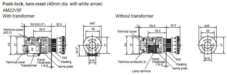 Dimensions Emergency stop pushbutton switches