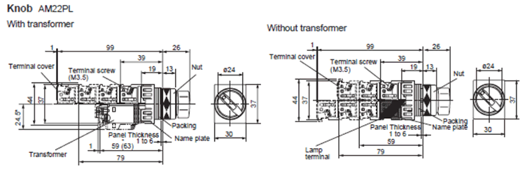 Dimensions Illuminated selector switches