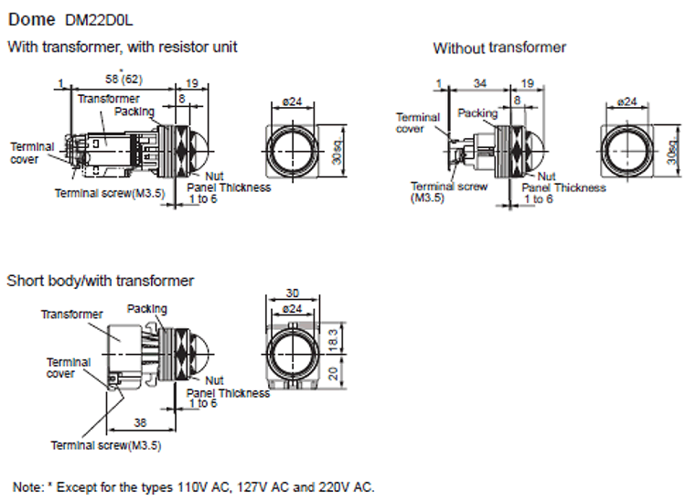 Dimensions Pilot lights