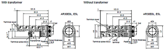 Dimensions Illuminated pushbutton switch Extended