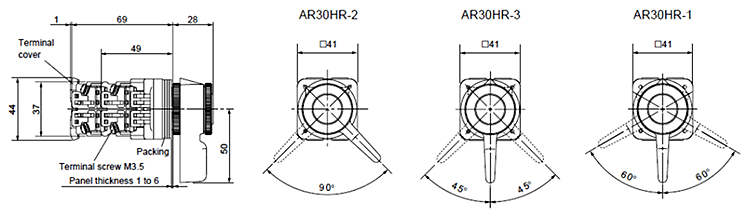 Dimensions Lever type selector switches