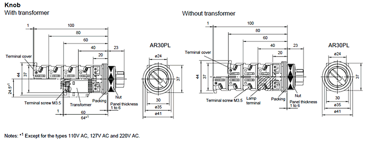Dimensions Illuminated selector switch
