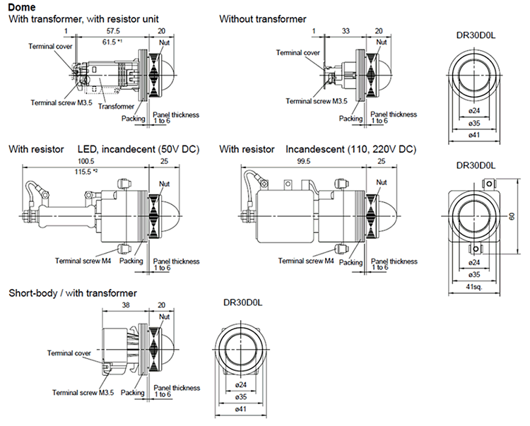 Dimensions Pilot lights