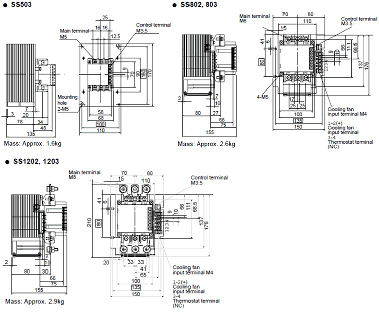 Dimensions SS503, SS802, SS803, SS1202, SS1203